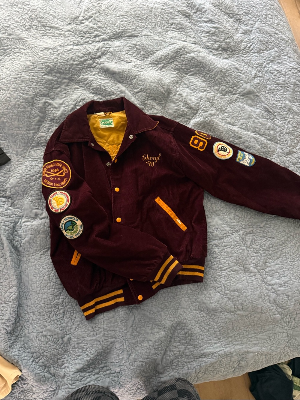 Embroidered Maroon & Gold Varsity Bomber Jacket